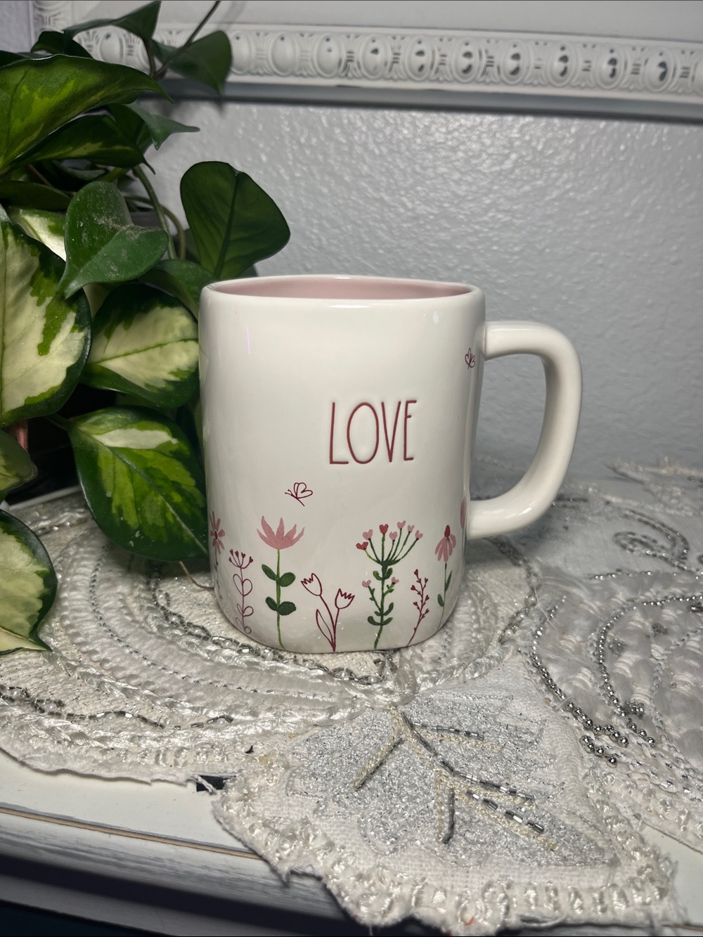 Rae Dunn Artisan Collection LOVE Floral Mug Pink Interior NWOT Flaw
